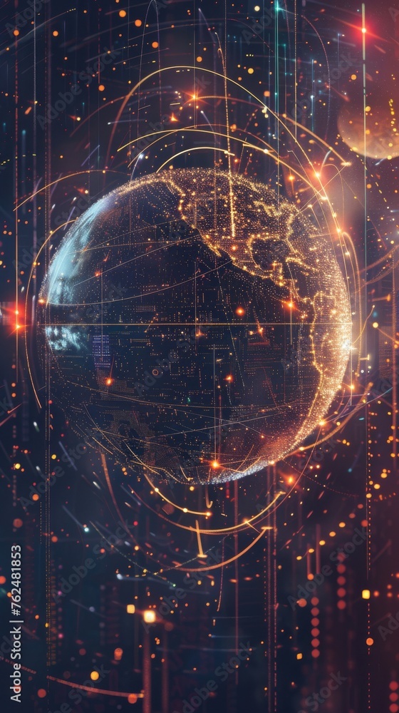 Poster a tech node planet wrapped in glowing data lines, embodying the information age