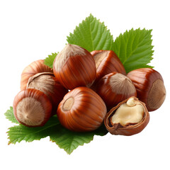 Hazelnuts with leaves isolated on transparent background With clipping path. cut out. 3d render
