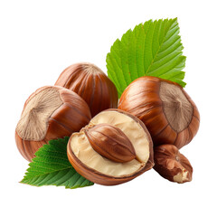 Hazelnuts with leaves isolated on transparent background With clipping path. cut out. 3d render