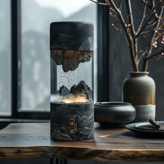 A cylinder shaped product made of black stone and glass with a mountain landscape inside – Ai generative