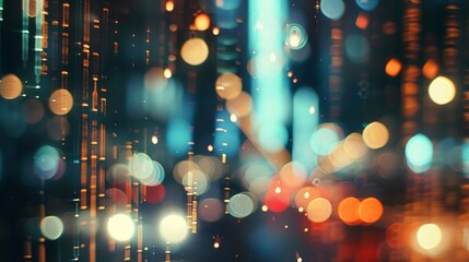 Abstract bokeh lights with forex graphs overlay, hinting at the bustling nightlife of a financial district - obrazy, fototapety, plakaty