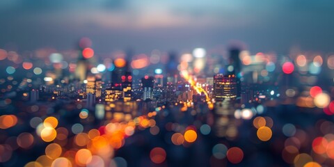 Aerial shot of a cityscape at night, with the lights of buildings and vehicles blending into a breathtaking bokeh panorama