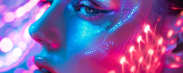 Close-up of futuristic makeup with neon digital overlays, symbolizing a synergy of beauty and tech