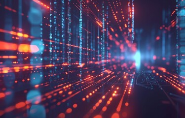 Obraz premium Burst of data particles in a digital corridor, visualizing the rapid exchange of binary information