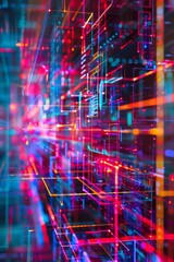 Close-up on a neon cybernetic grid, depicting the intricate pathways of AI thought