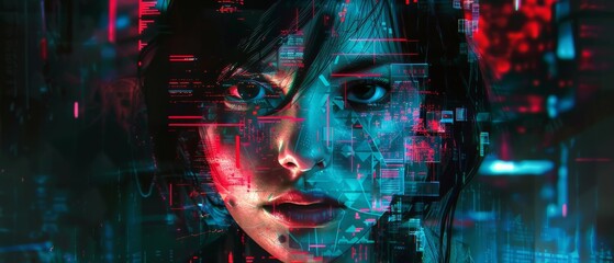 Cyberpunk portrait of a woman, her face a canvas for projected digital geometries