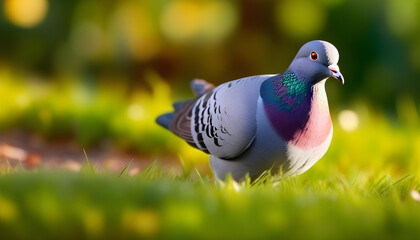 Fototapeta premium A close-up of a pigeon standing on grass with a blurred forest in the sun light