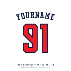 Jersey number, basketball team name, printable text effect, editable vector 91 jersey number	