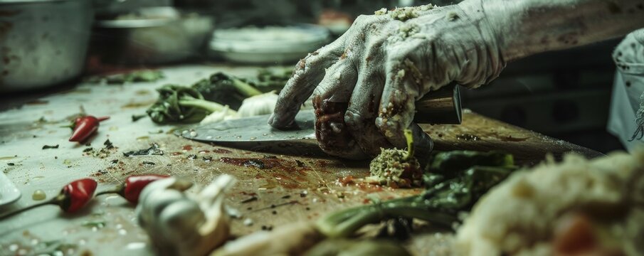 Close-up of a zombie chef's hand chopping moldy vegetables on a grimy cutting board