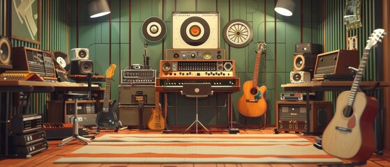 Fototapeta na wymiar An animated 3D scene of a 1970s recording studio, with tape reels, mixing consoles, and guitars on stands