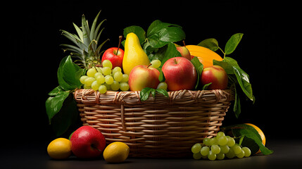 Basket full of fresh fruits on black background, advertising stock photo