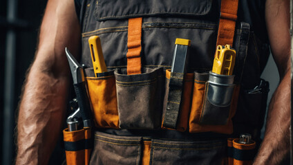 Detailed shot of a maintenance worker equipped with a tool belt and toolkit, ready to tackle repairs and upkeep tasks with precision and efficiency.