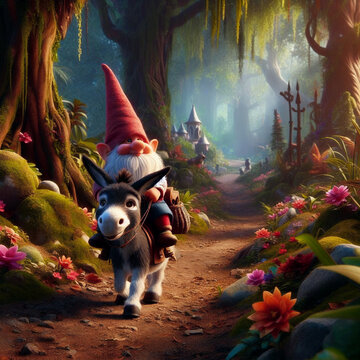 A gnome riding a donkey on a forest path, with mystical architecture in the background