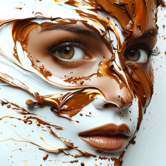 Beautiful woman face with chocolate paint splash on white background.