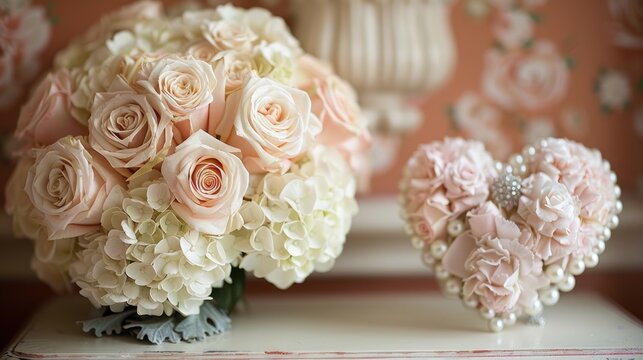 a beautiful bouquet featuring white roses and hydrangeas, accented by pearls and accompanied by an elegant heart-shaped ring box against a soft pastel-colored background.