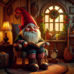 A cozy gnome reading by a window, festive decor enveloping the warm interior