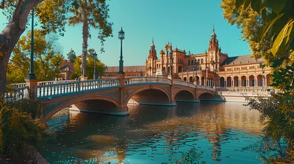 Cercles muraux Pont du Rialto A photo of the Plaza de España in Seville, with ornate bridges as the background, during a sunny day