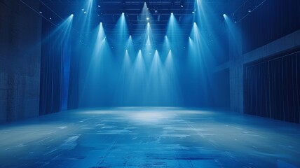 Dramatic blue stage lights illuminating an empty performance space with atmospheric haze - obrazy, fototapety, plakaty