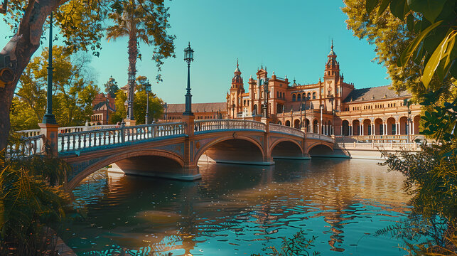 A photo of the Plaza de España in Seville, with ornate bridges as the background, during a sunny day
