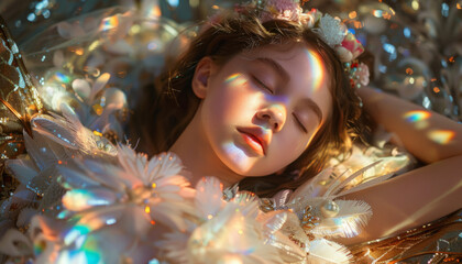 Holy child girl with angel wings sleeps in the Garden of Eden.