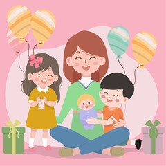 Happy family. Mother, daughter, son and new born baby smiling. Banner, greetin card, postcard. Cartoon  flat vector illustration style