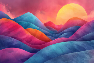 Vibrant abstract art of layered mountain shapes with a textured, multi-colored palette and sunset...