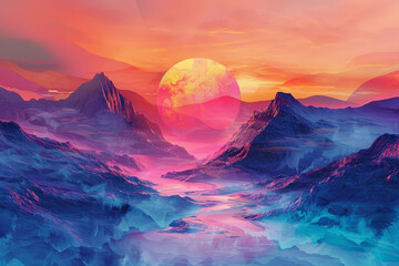 Vibrant abstract art of layered mountain shapes with a textured, multi-colored palette and sunset background..