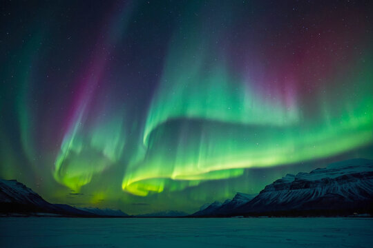 Northern lights at night. Scene is serene and peaceful, as the natural beauty of the auroras