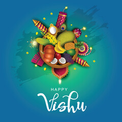 Happy Vishu greetings. April 14 Kerala festival with Vishu Kani, vishu flower Fruits and vegetables in a bronze vessel. vector illustration design
