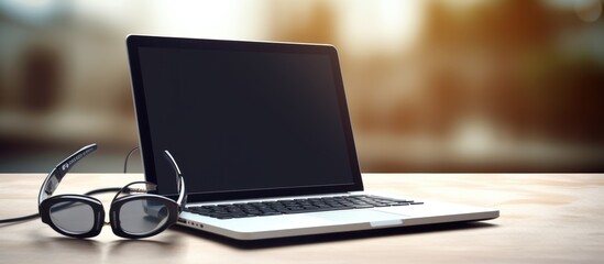 Laptop with eyeglasses, microphones, notebook. - obrazy, fototapety, plakaty