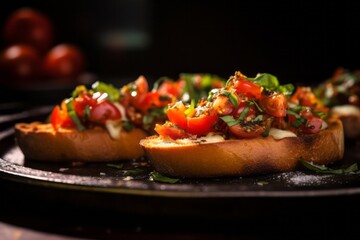 Tempting bruschetta on a metal tray against a woolen fabric background