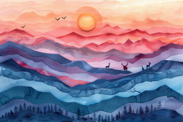 A tranquil sunset scene in paper art, showcasing silhouetted deer against a backdrop of layered mountains and flying birds..