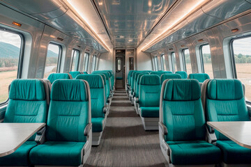 Empty cabin of a modern passenger train. Empty blue-green seats in two rows on each side with a wide edge, view of the corridor, no people.