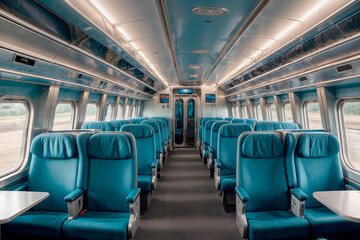 The image shows the inside of a silver and blue train car with rows of blue seats. European train