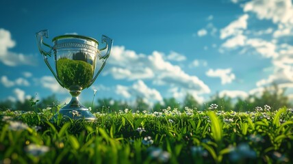 Gleaming trophy cup basking in sunlight on lush grass against blue sky