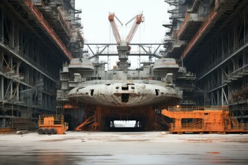 Industrial Ship building hangar. Welder logistic. Generate Ai
