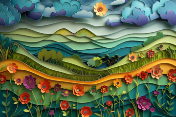 This richly colored paper art features a layered landscape with a variety of blooming flowers, rolling hills, and whimsical clouds..