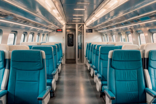The image shows the inside of a silver and blue train car with rows of blue seats.