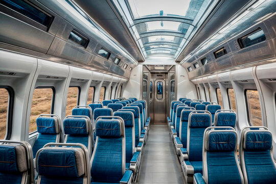 The image shows the inside of a silver and blue train car with rows of blue seats.