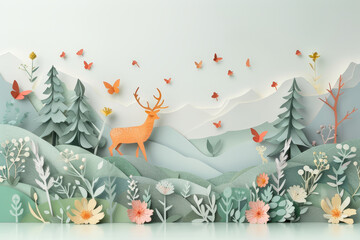 An enchanting forest landscape crafted from paper, featuring graceful deer among flora and fauna, evoking a serene natural world..