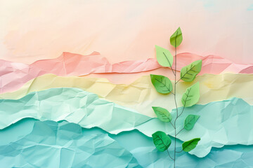 A single tree with green leaves rises from colorful abstract waves, representing growth and nature...