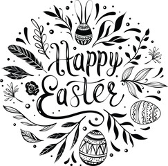 Happy Easter greeting card with hand-drawn floral elements and lettering - 762484065