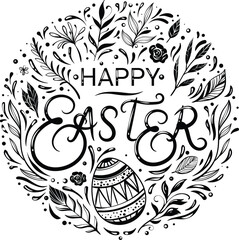 Happy Easter greeting card with hand-drawn floral elements and lettering - 762484074