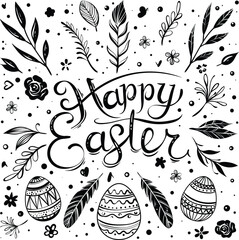 Happy Easter greeting card with hand-drawn floral elements and lettering - 762484077