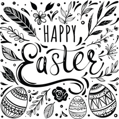 Happy Easter greeting card with hand-drawn floral elements and lettering - 762484079