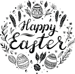 Happy Easter greeting card with hand-drawn floral elements and lettering - 762484095