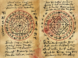 Digital Illustration hand drawn. Witchcraft old book with magic spell, wicca and mystic symbols. Vintage Gothic, esoteric and occult old pages, with fantasy letters. Ritual magic Pentagram sigil.