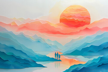 A couple holding hands stands before a colorful abstract sunrise layered in waves, creating a sense of hope and togetherness.. - obrazy, fototapety, plakaty