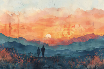 A couple holding hands stands before a colorful abstract sunrise layered in waves, creating a sense...