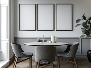Mockup frame in cosy dining room minimalist interior,table and chairs wooden,sofa bed grey,grey walls,coffe cup,nightday,Generative AI